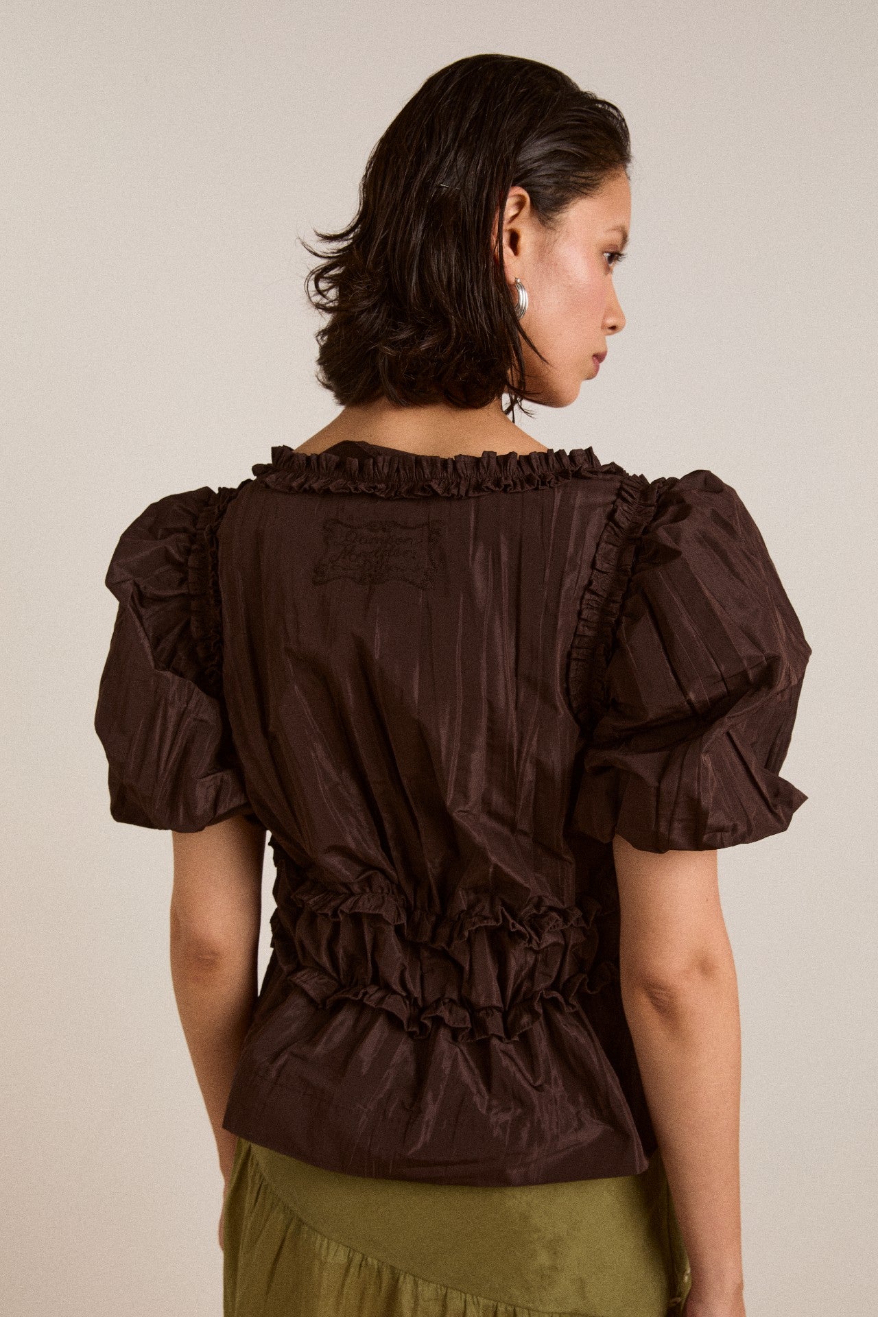 Damson Madder everly ruffle blouse - choc taffeta