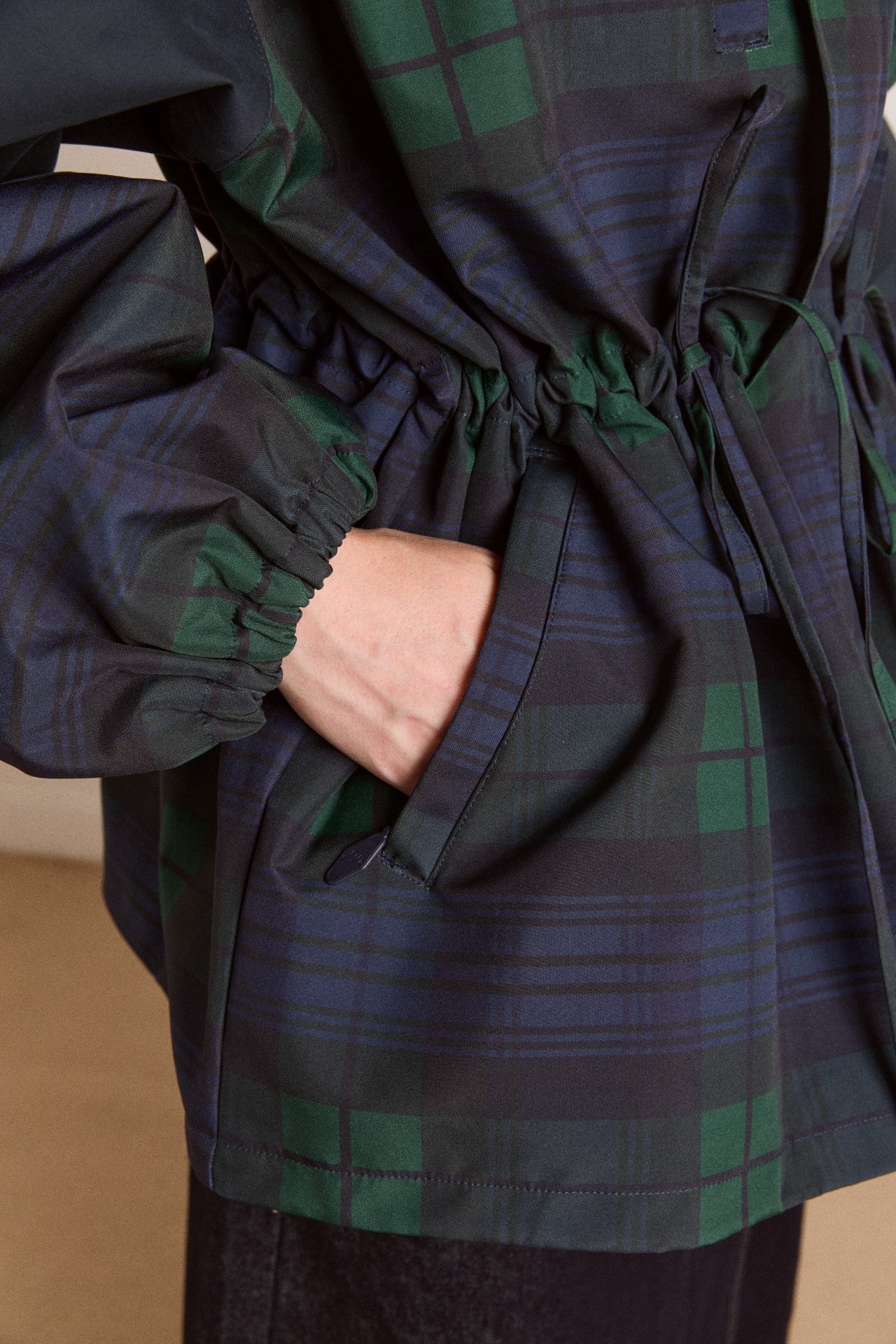 Damson Madder Navy Check Rain Coat | Cinched Waist Rain Jacket