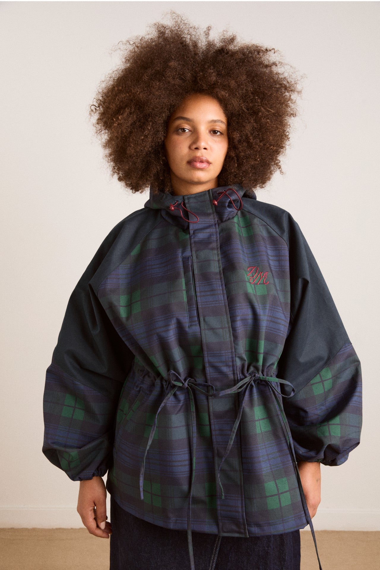 Damson Madder Navy Check Rain Coat | Cinched Waist Rain Jacket