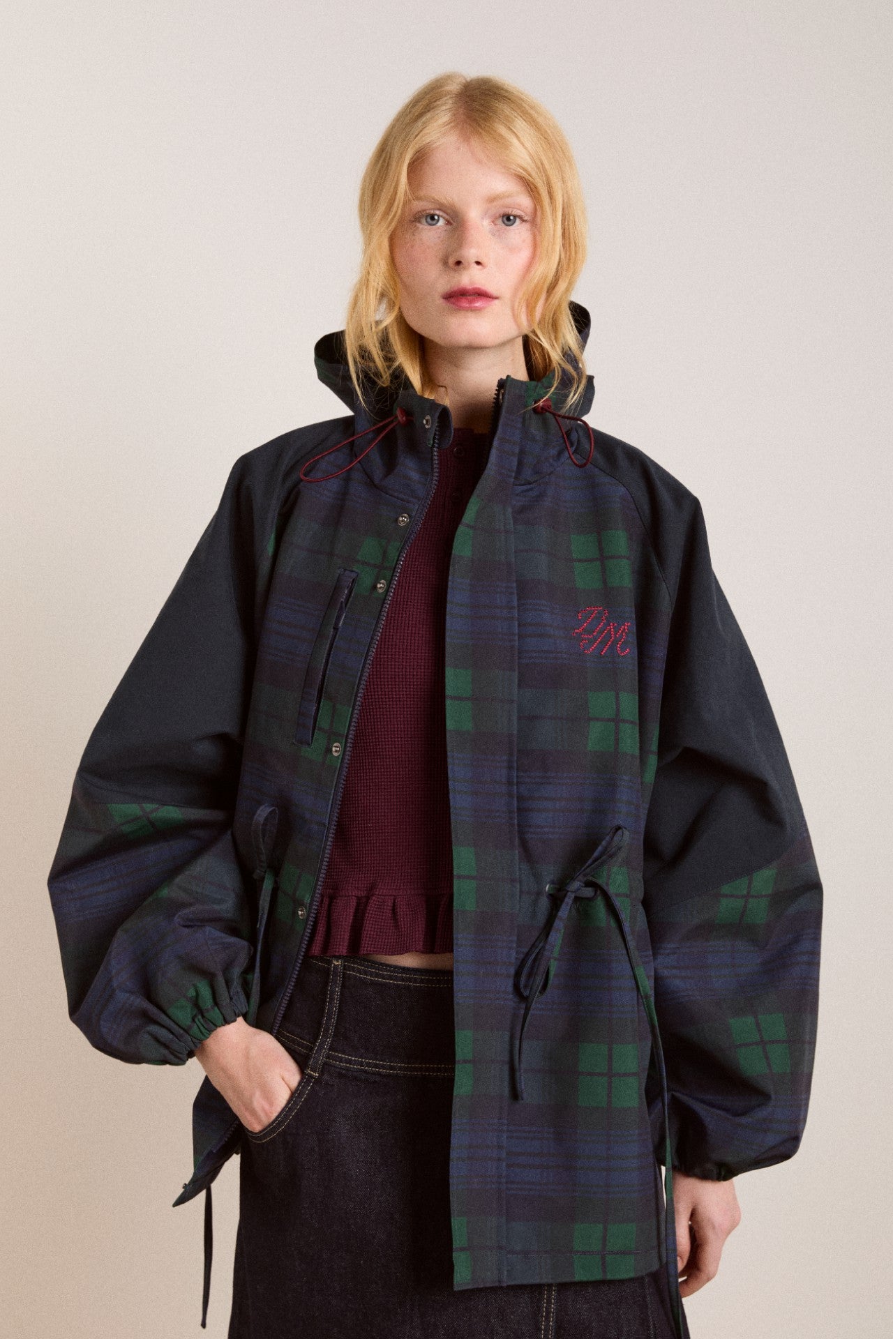 Damson Madder Navy Check Rain Coat | Cinched Waist Rain Jacket