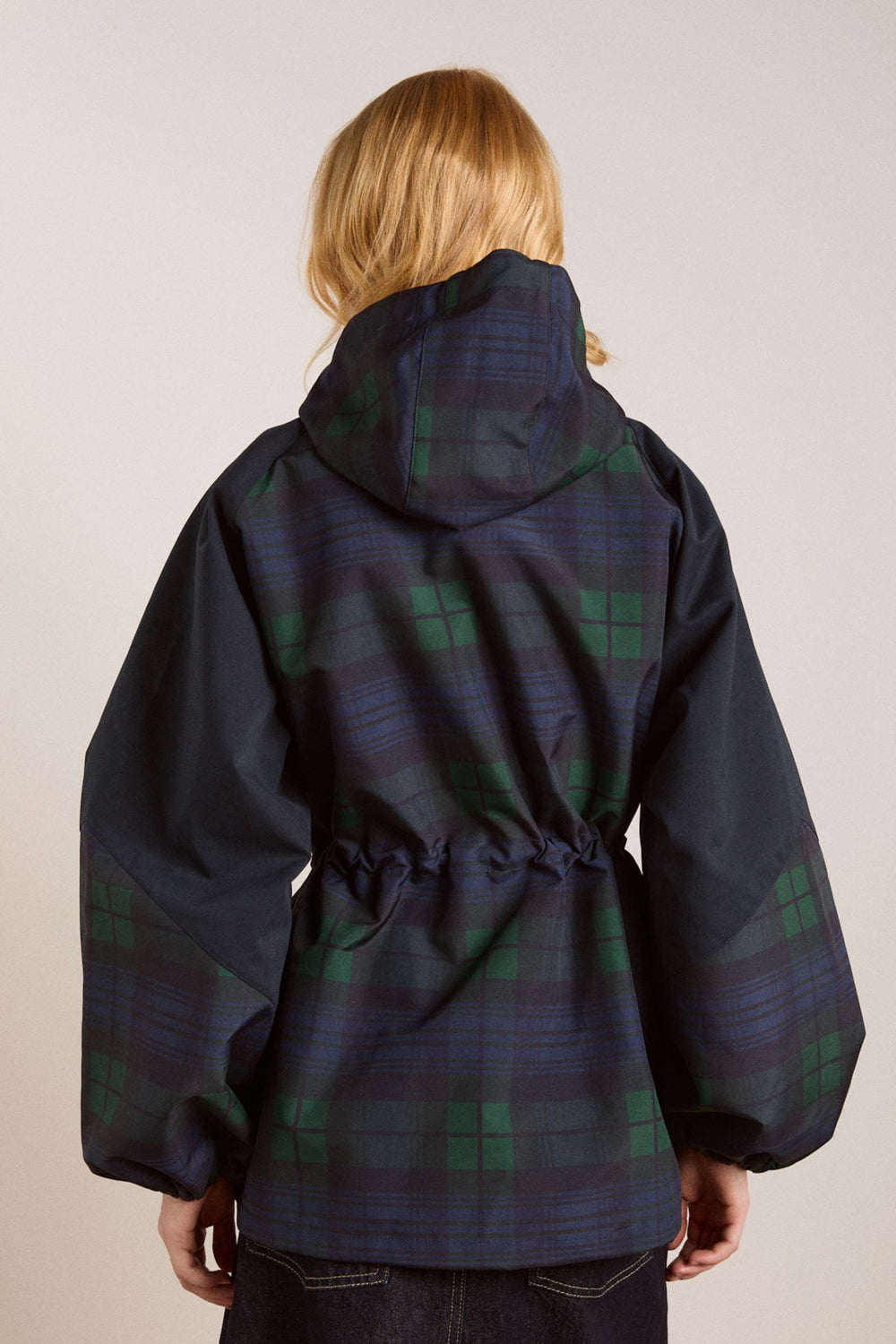 Damson Madder Navy Check Rain Coat | Cinched Waist Rain Jacket