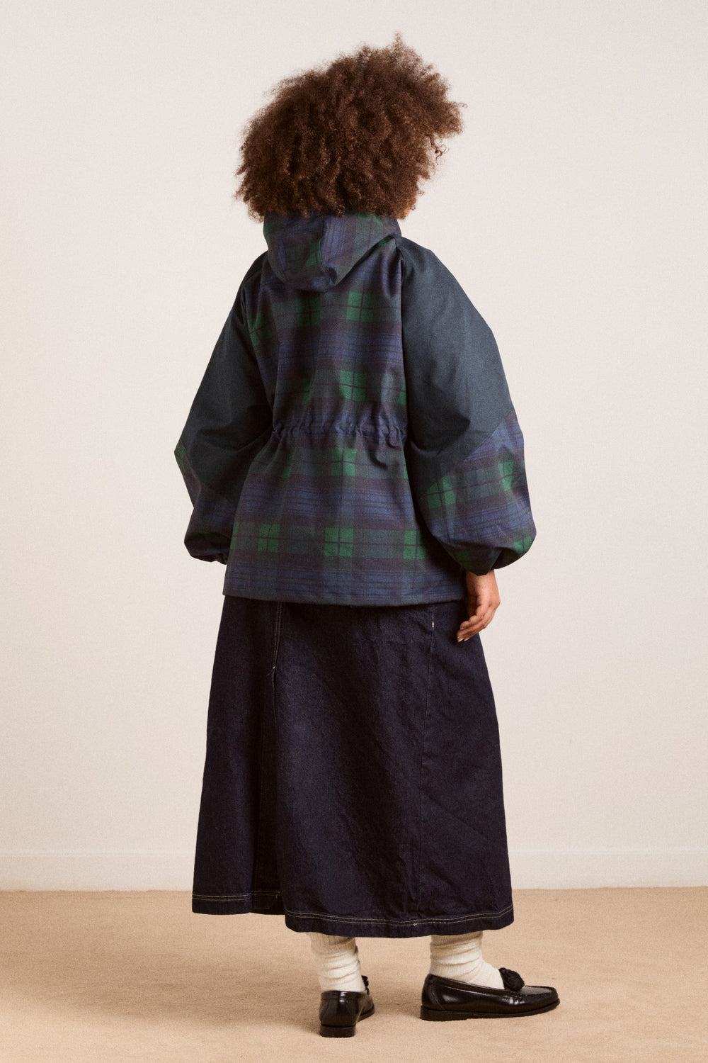 Damson Madder Navy Check Rain Coat | Cinched Waist Rain Jacket