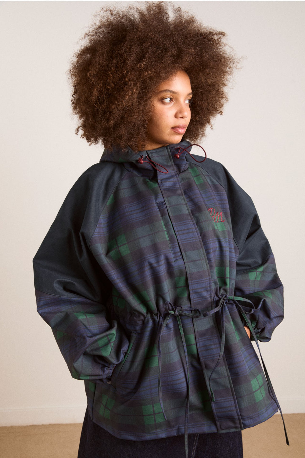 Damson Madder Navy Check Rain Coat | Cinched Waist Rain Jacket