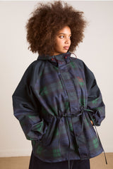 Damson Madder Navy Check Rain Coat | Cinched Waist Rain Jacket