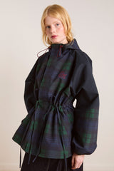 Damson Madder Navy Check Rain Coat | Cinched Waist Rain Jacket