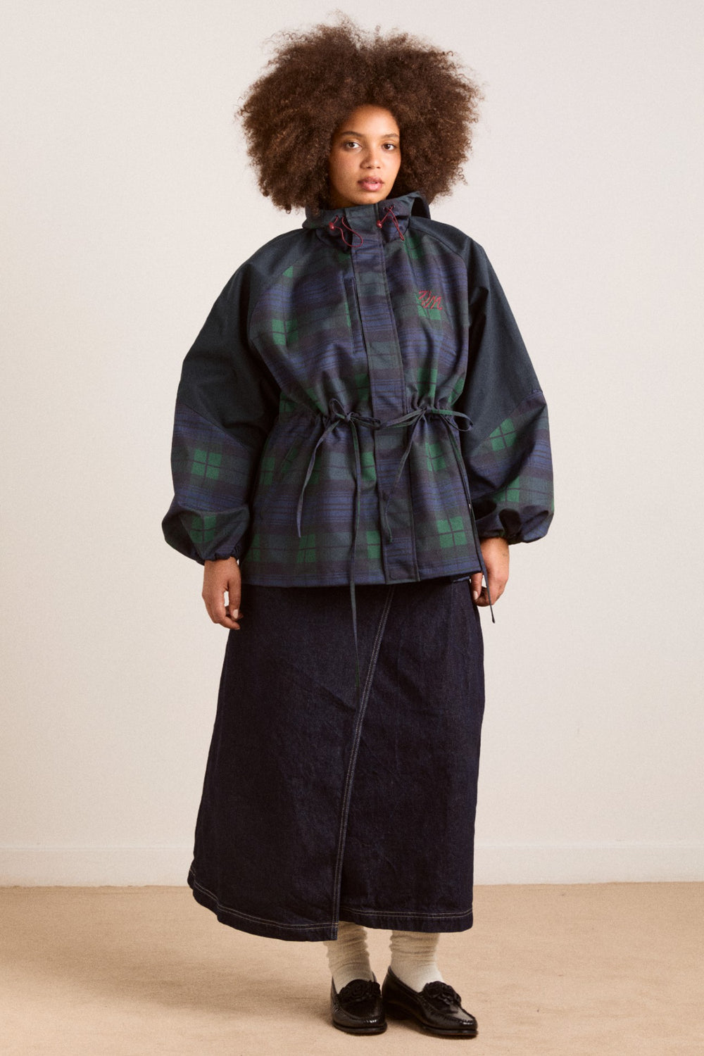 Damson Madder Navy Check Rain Coat | Cinched Waist Rain Jacket