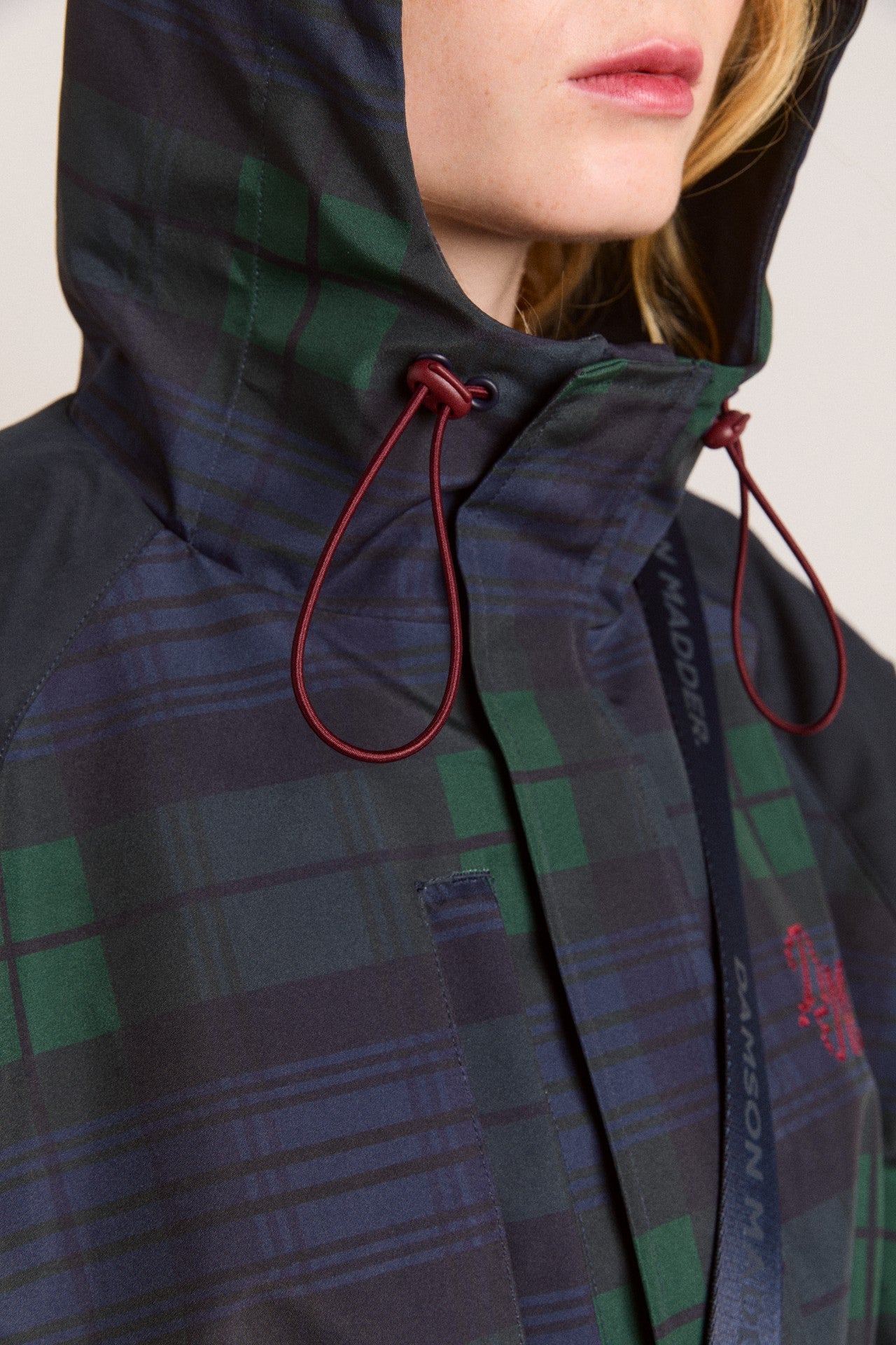 Damson Madder Navy Check Rain Coat | Cinched Waist Rain Jacket