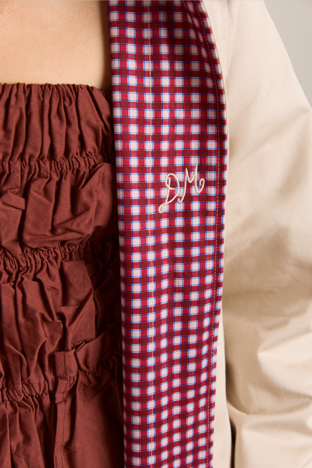 Damson Madder mercedes bow reversible trench - ecru & gingham coat