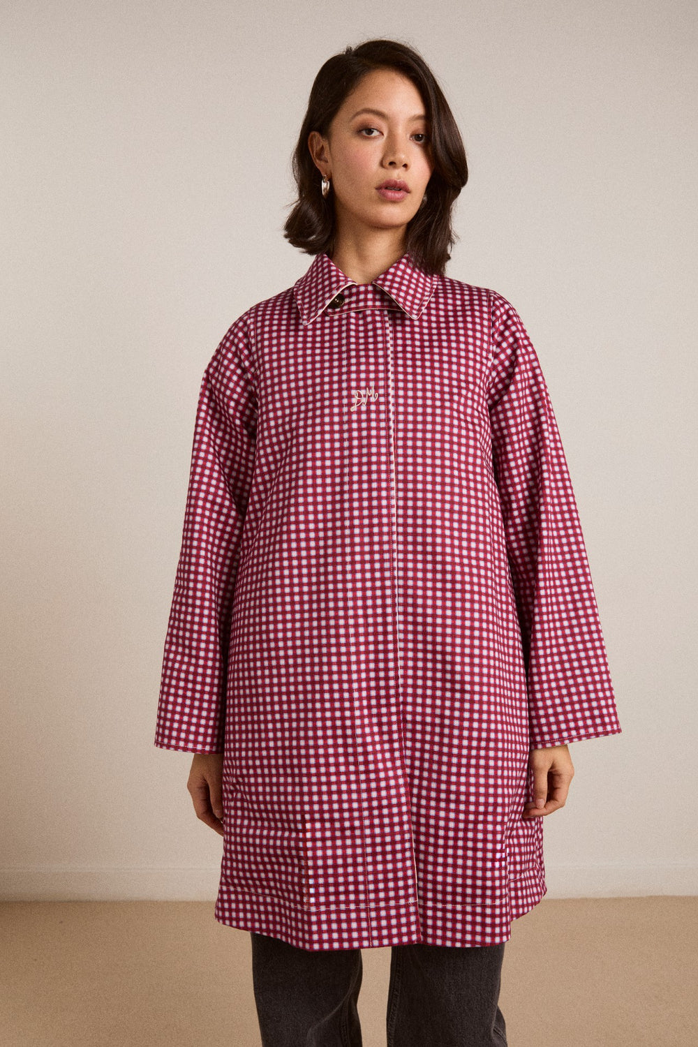 Damson Madder mercedes bow reversible trench - ecru & gingham coat