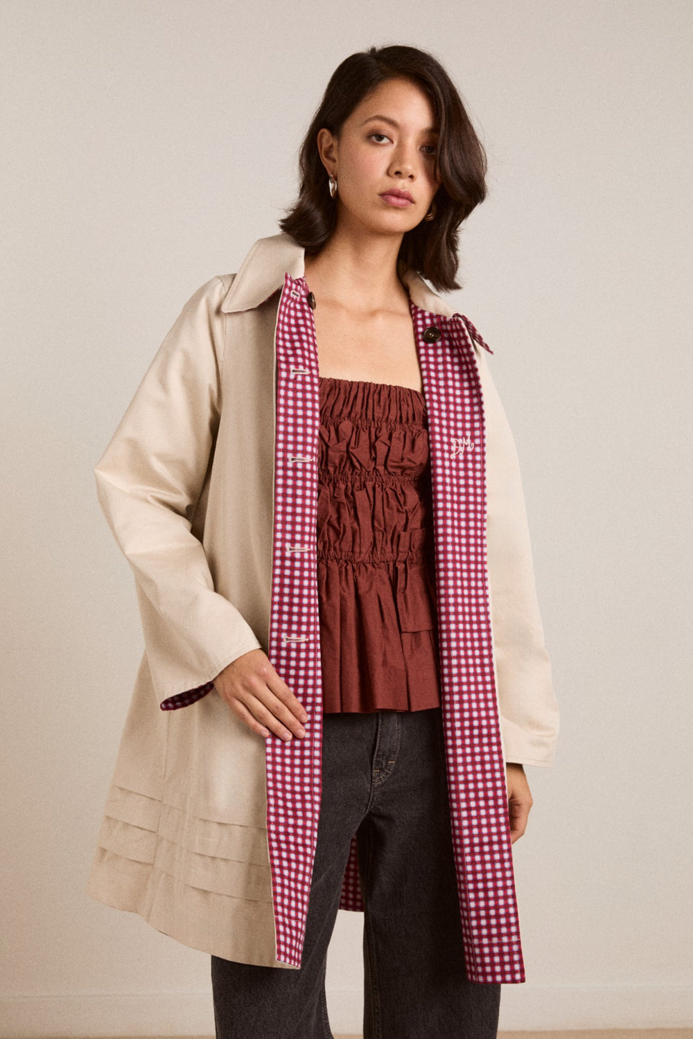 Damson Madder mercedes bow reversible trench - ecru & gingham coat