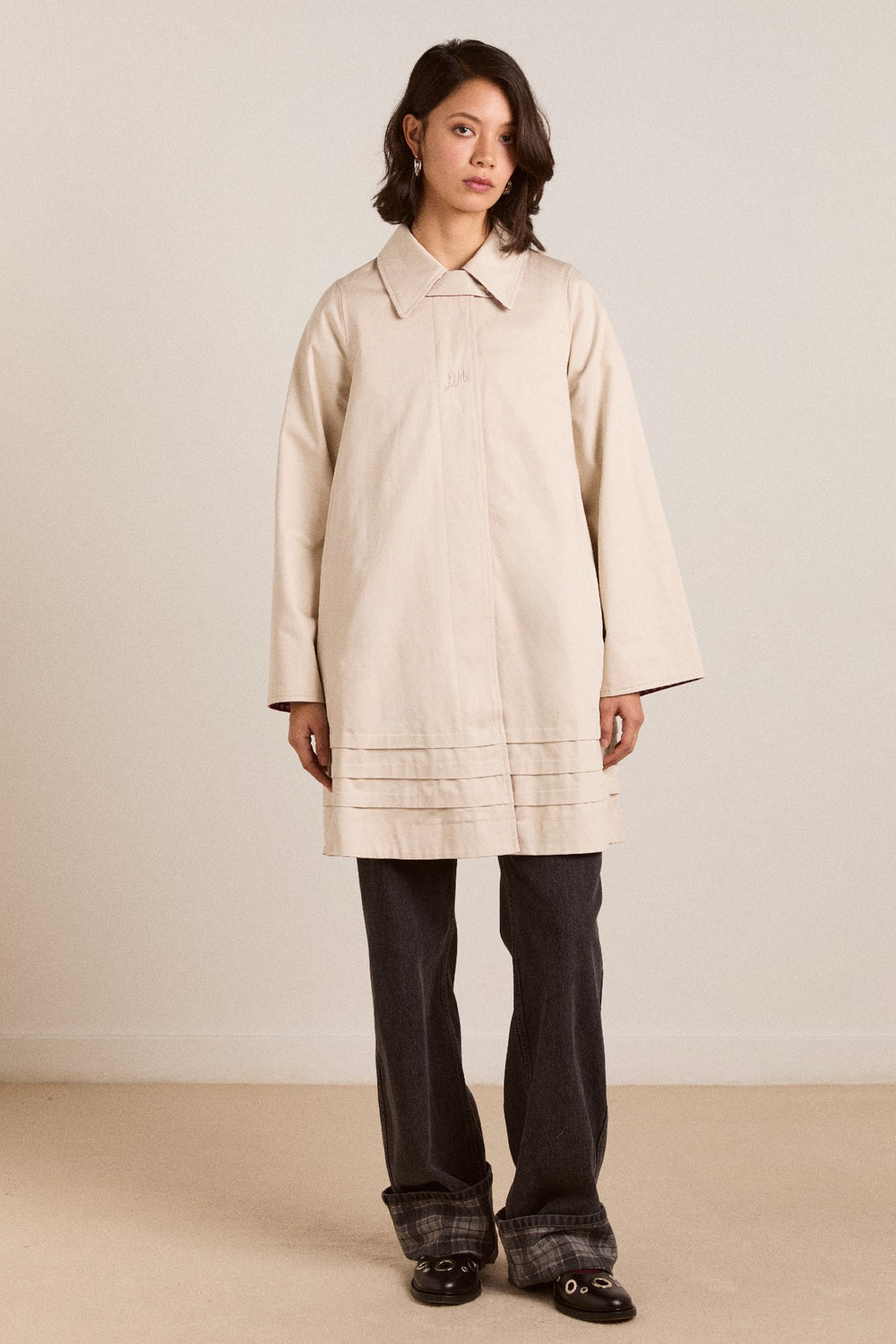 Damson Madder mercedes bow reversible trench - ecru & gingham coat