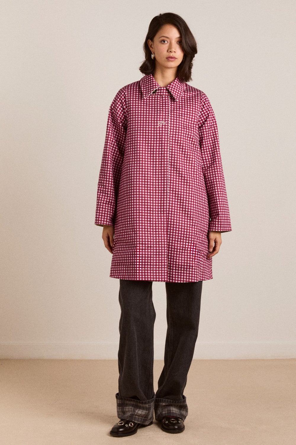 Damson Madder mercedes bow reversible trench - ecru & gingham coat