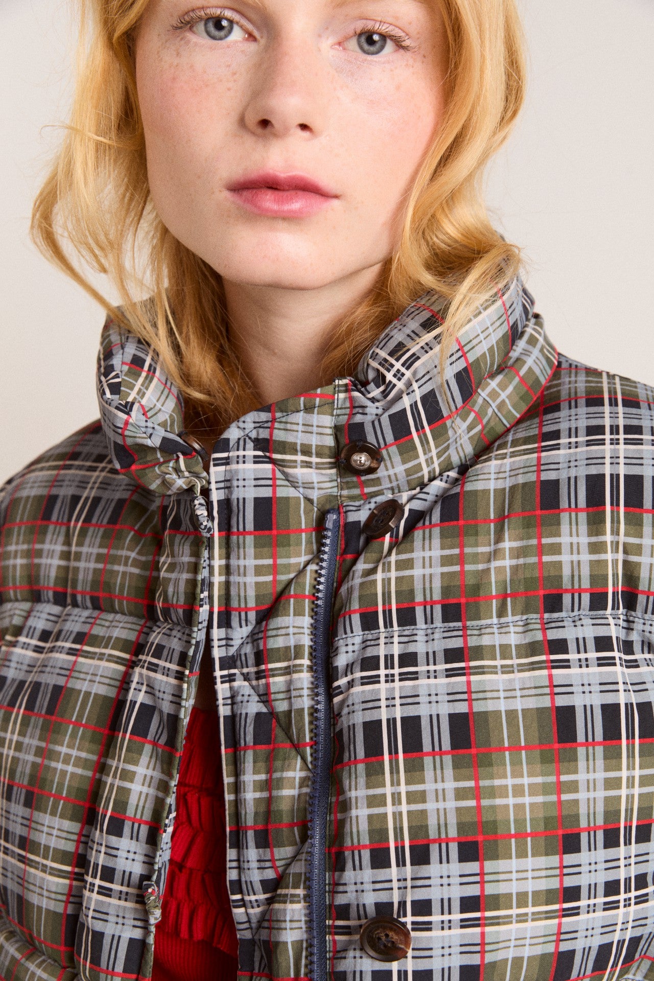 Damson Madder pearl hooded puffer - multi check