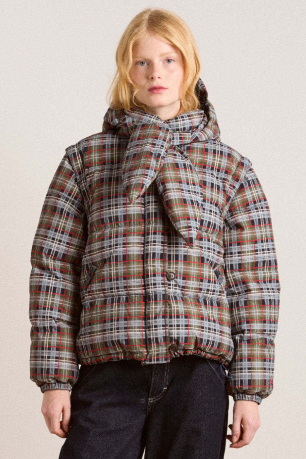 Damson Madder pearl hooded puffer - multi check
