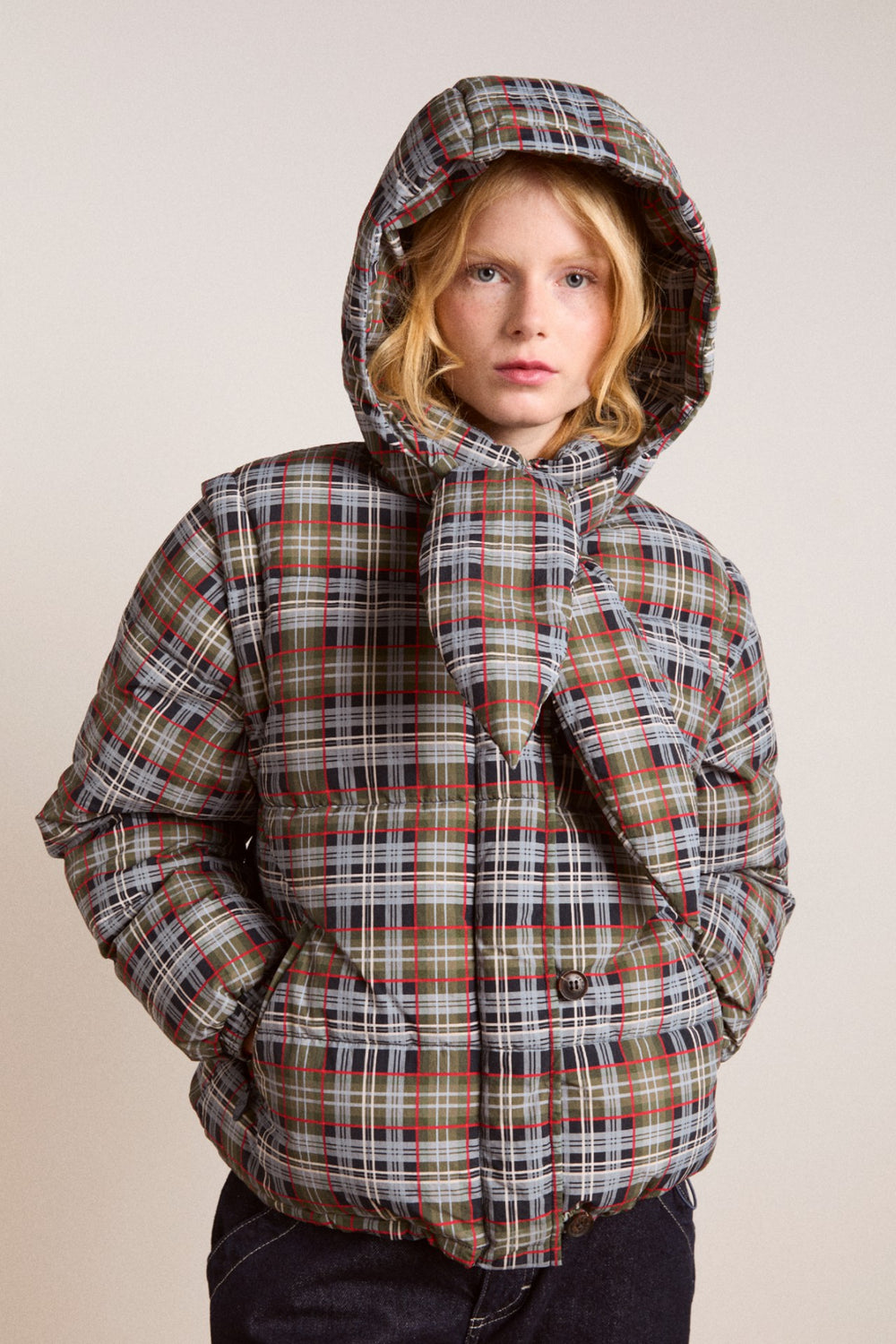 Damson Madder pearl hooded puffer - multi check