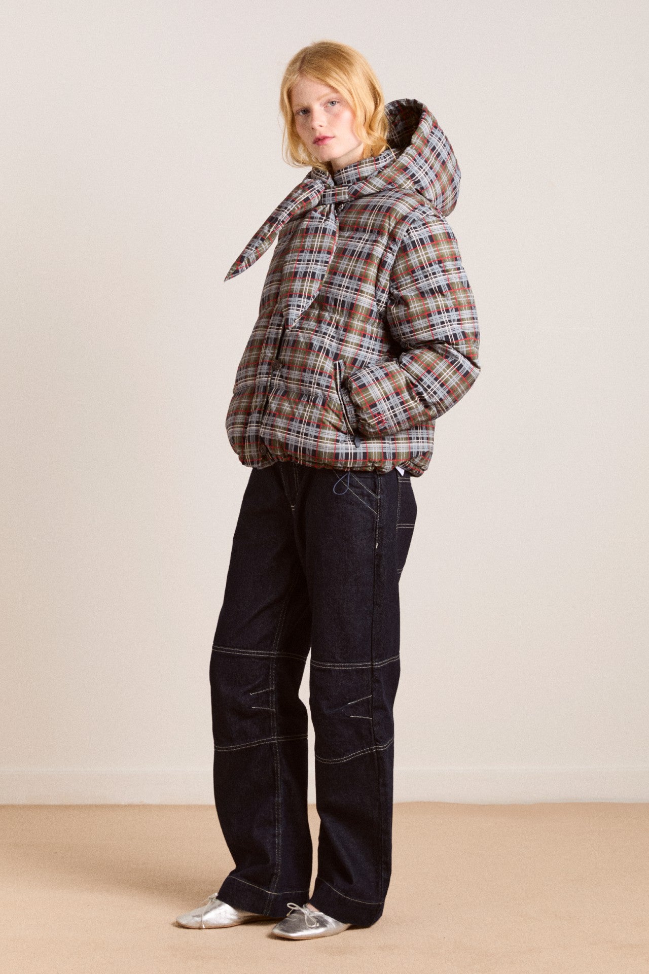 Damson Madder pearl hooded puffer - multi check
