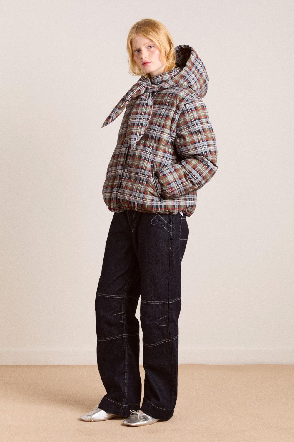 Damson Madder pearl hooded puffer - multi check