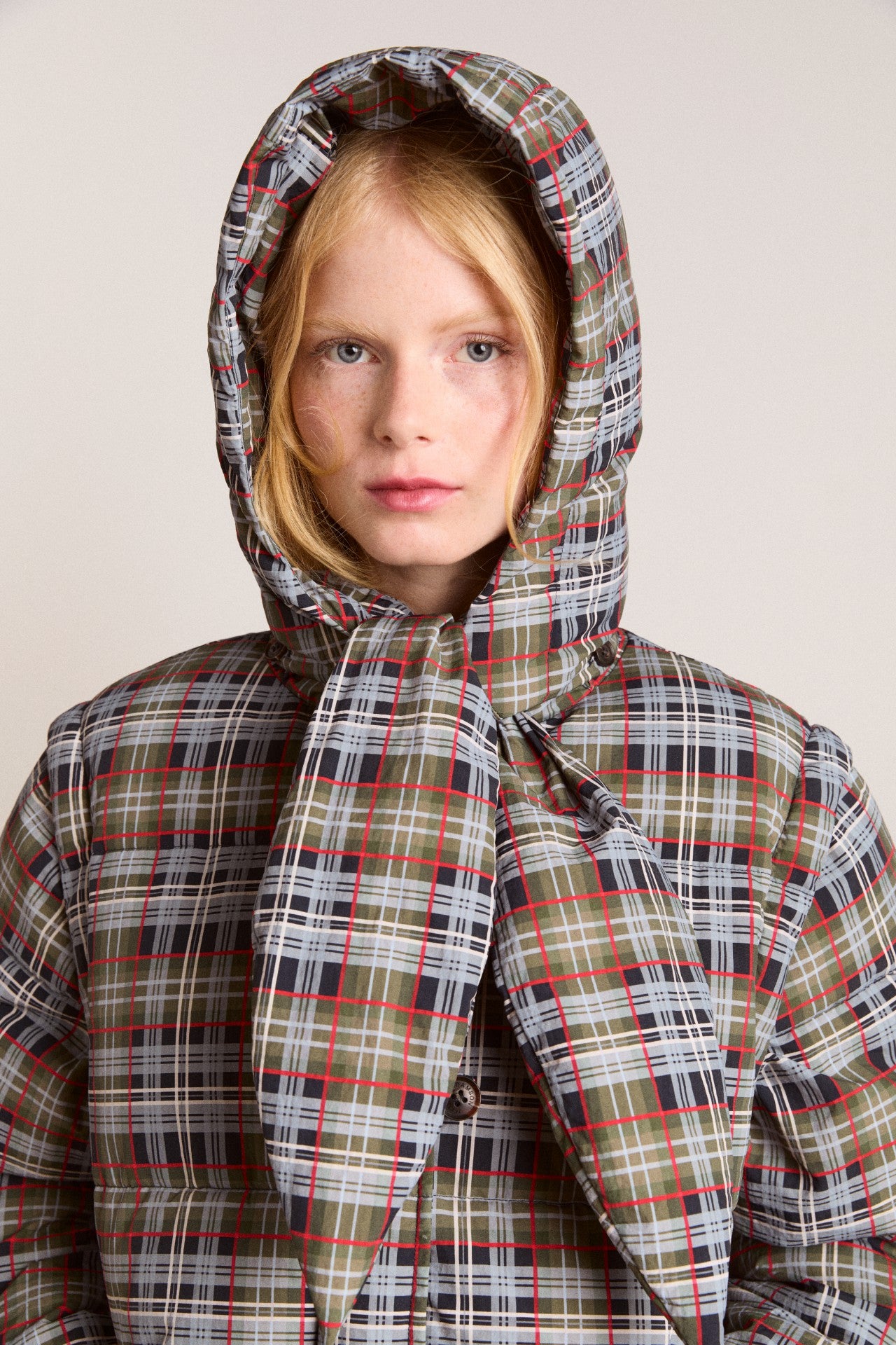 Damson Madder pearl hooded puffer - multi check