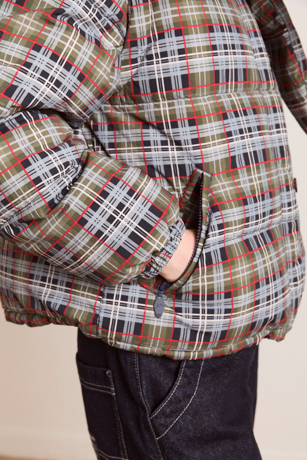 Damson Madder pearl hooded puffer - multi check