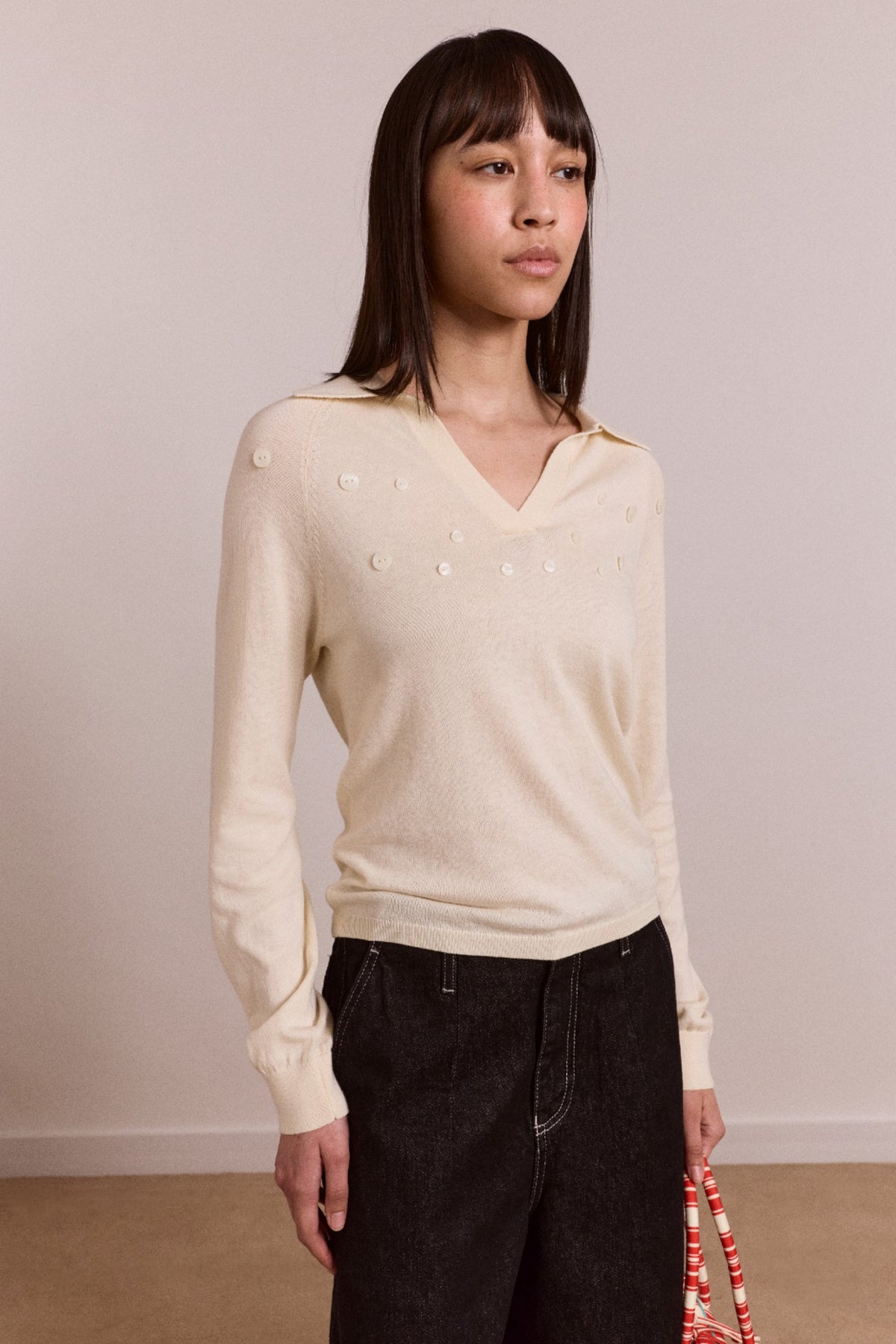 Damson Madder silvia cotton merino blend button knitted top - cream