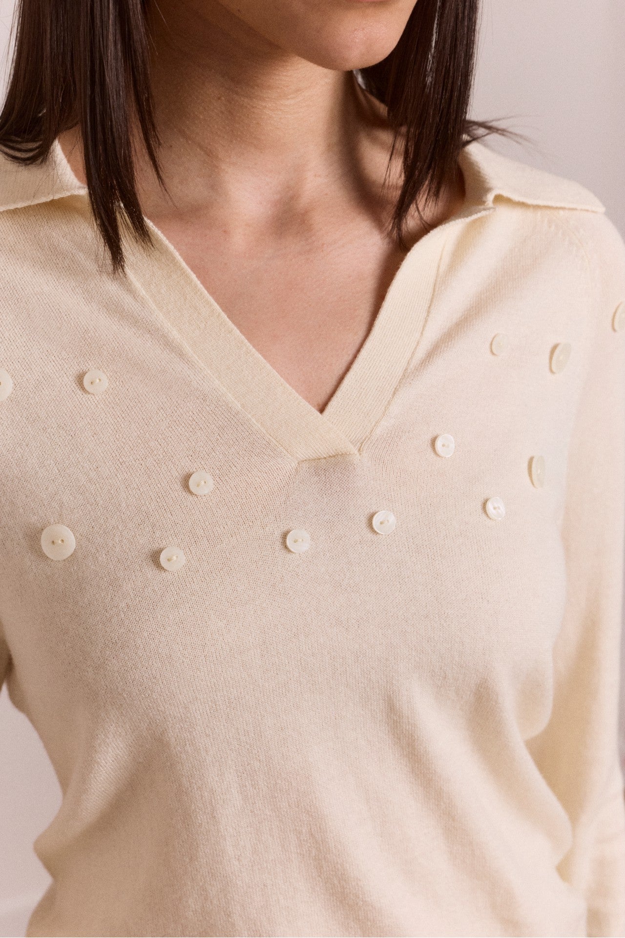 Damson Madder silvia cotton merino blend button knitted top - cream
