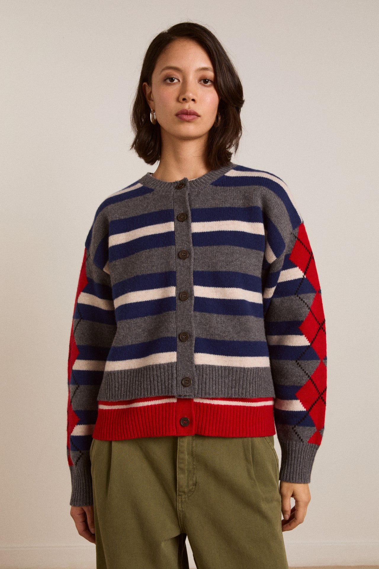Damson Madder didi merino wool double cardigan - navy argyle & stripe
