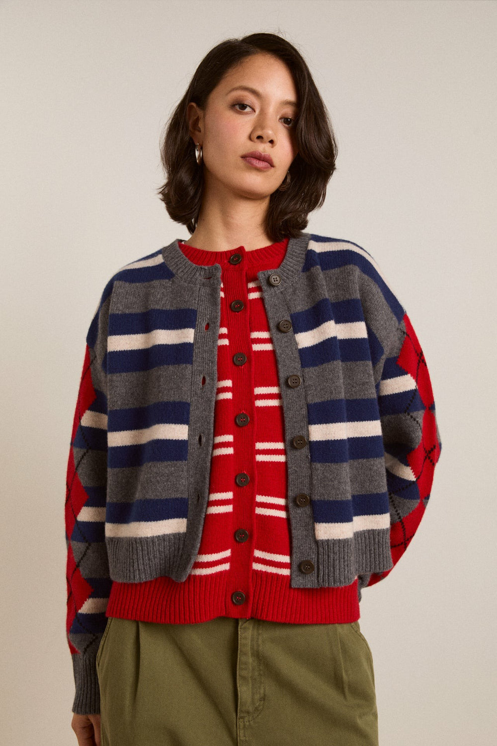 Damson Madder didi merino wool double cardigan - navy argyle & stripe