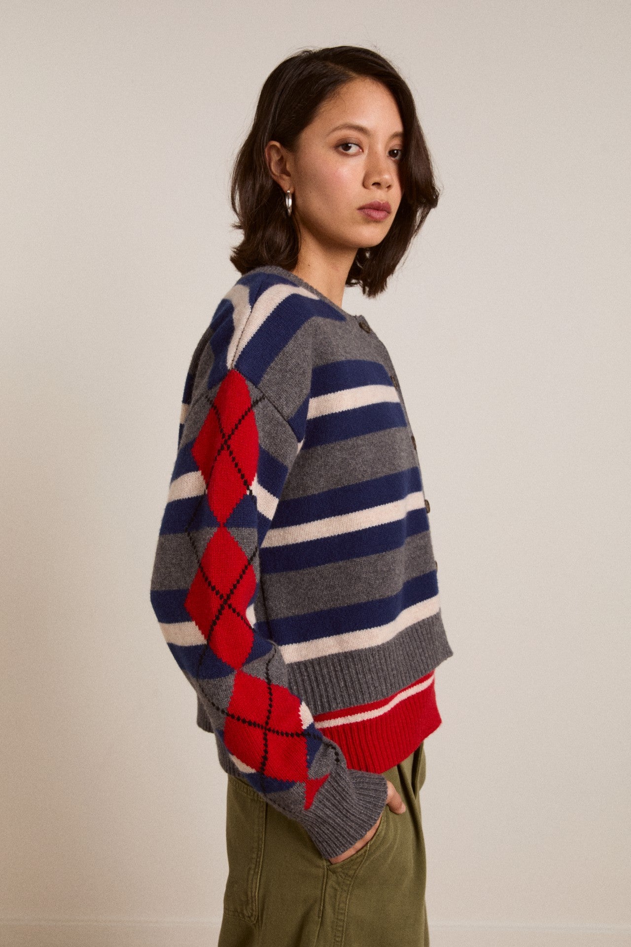 Damson Madder didi merino wool double cardigan - navy argyle & stripe