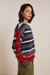 Damson Madder didi merino wool double cardigan - navy argyle & stripe