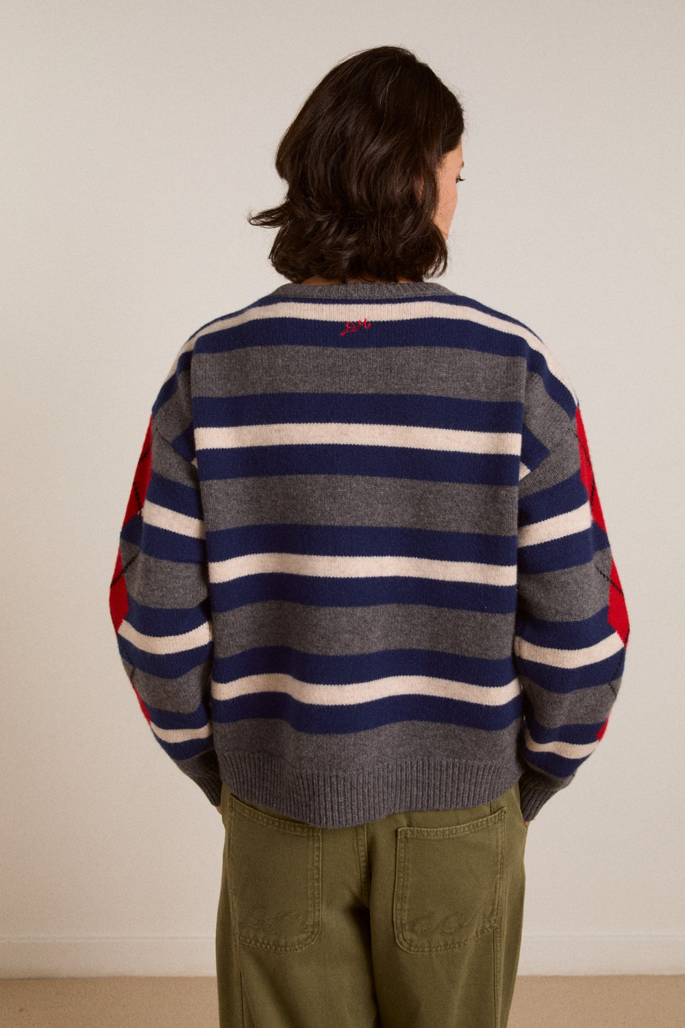 Damson Madder didi merino wool double cardigan - navy argyle & stripe