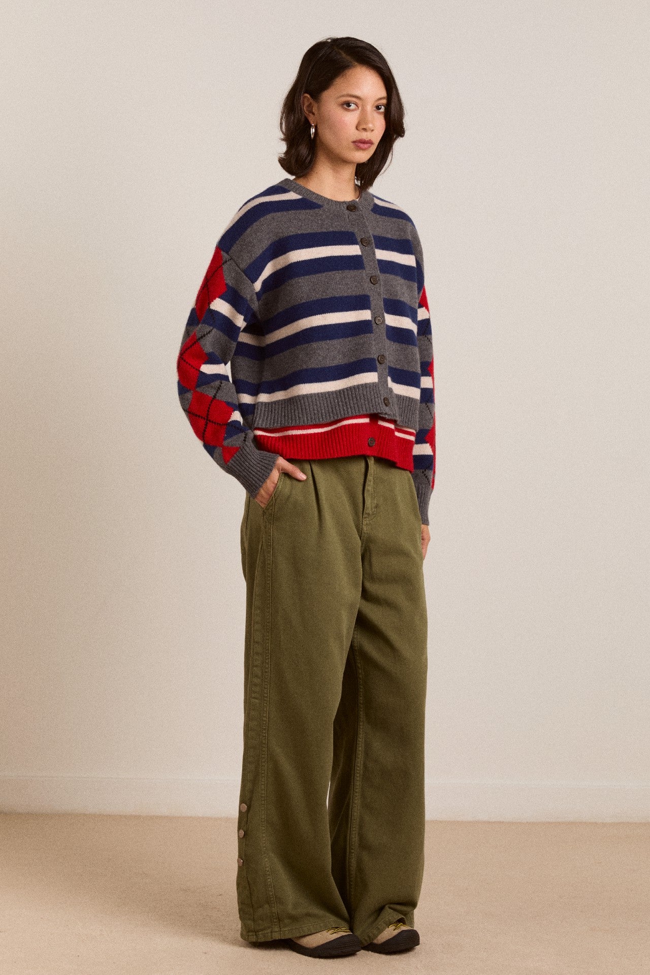 Damson Madder didi merino wool double cardigan - navy argyle & stripe