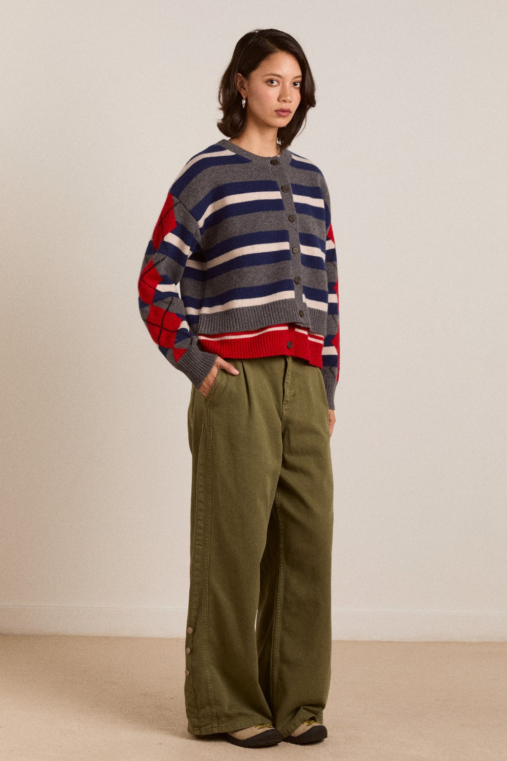 Damson Madder didi merino wool double cardigan - navy argyle & stripe