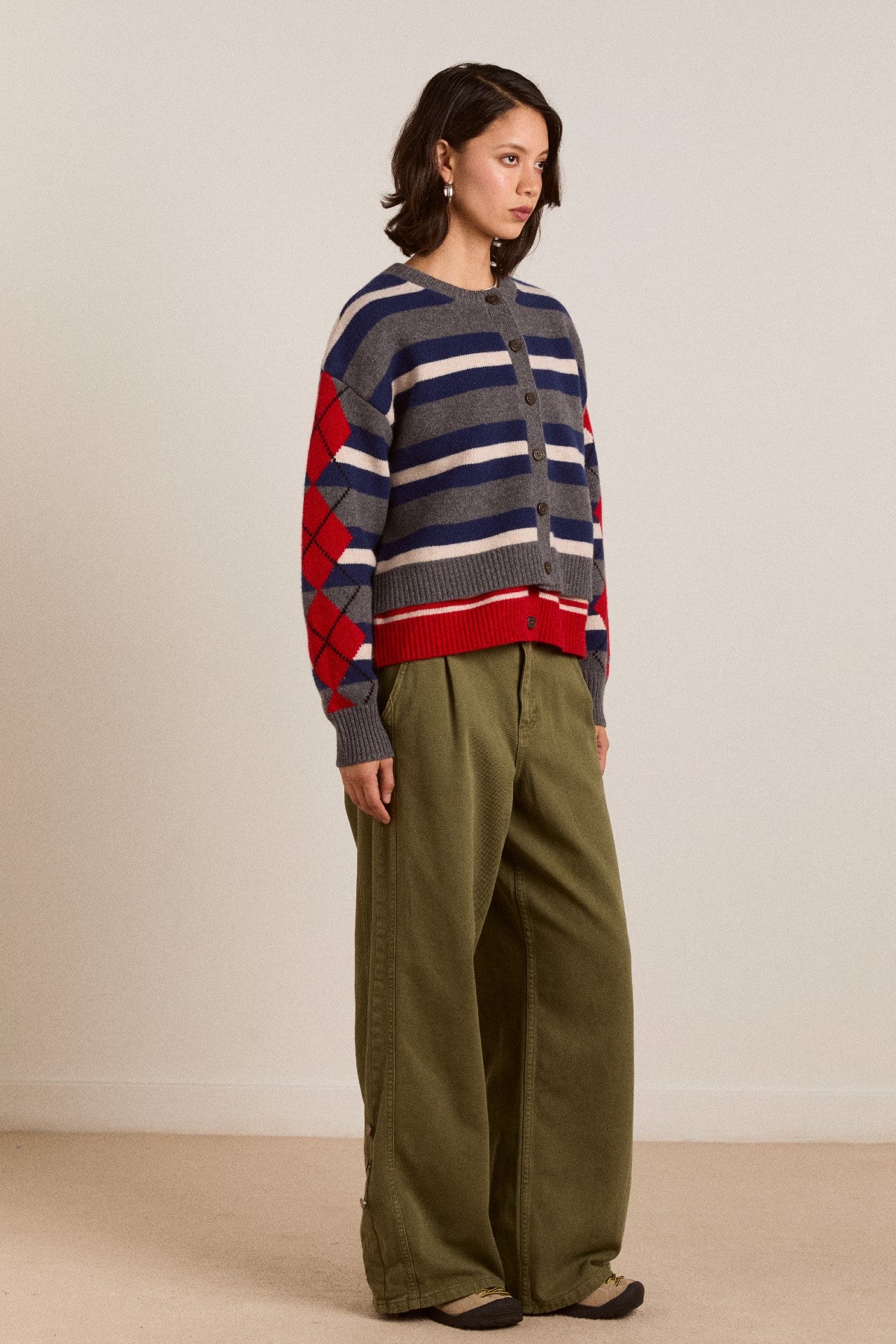 Damson Madder didi merino wool double cardigan - navy argyle & stripe