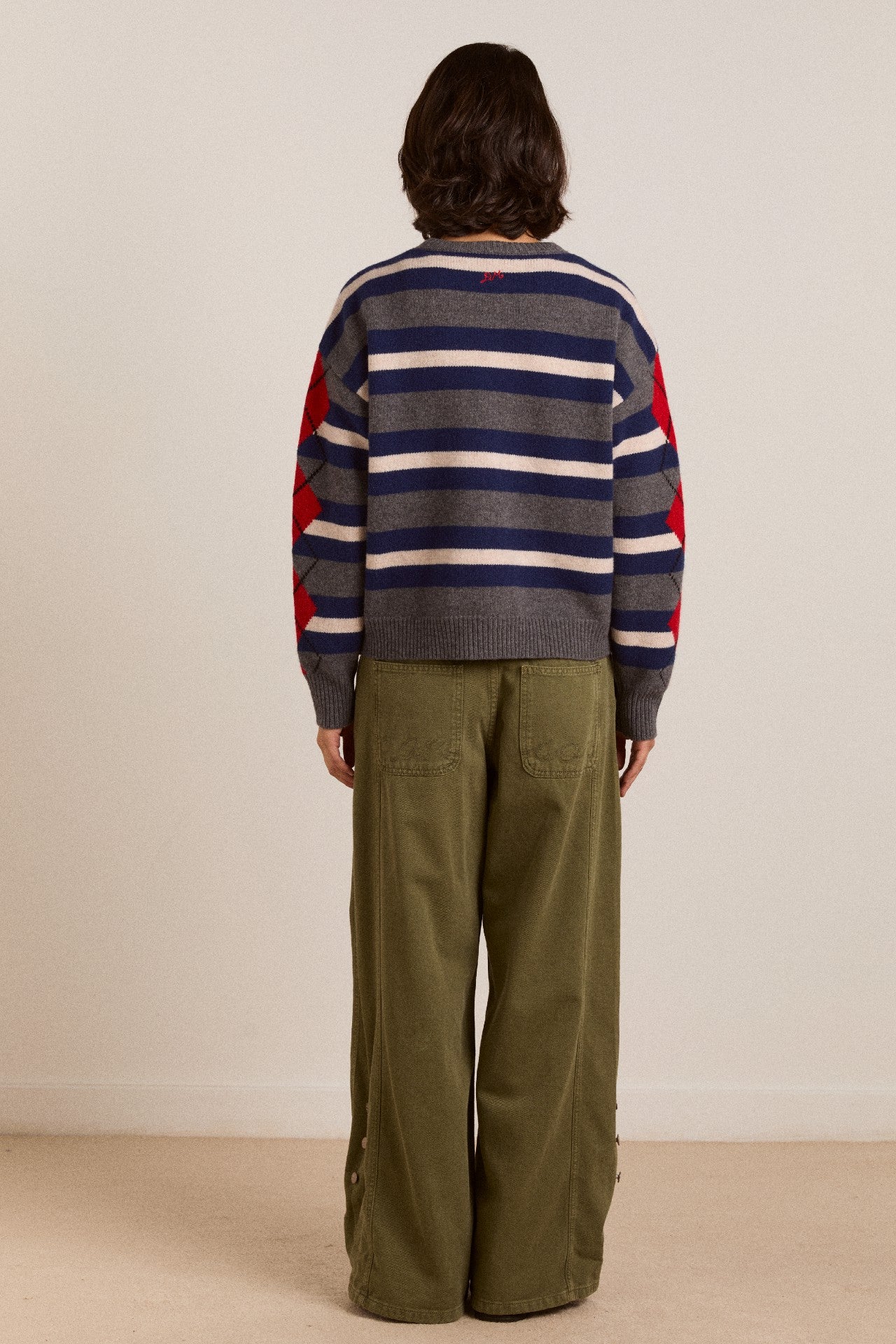 Damson Madder didi merino wool double cardigan - navy argyle & stripe