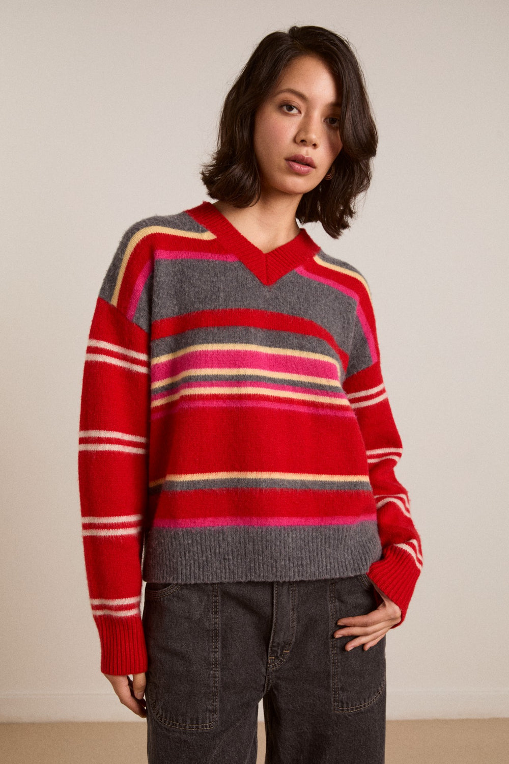 Damson Madder rene merino wool v jumper pink/red stripe