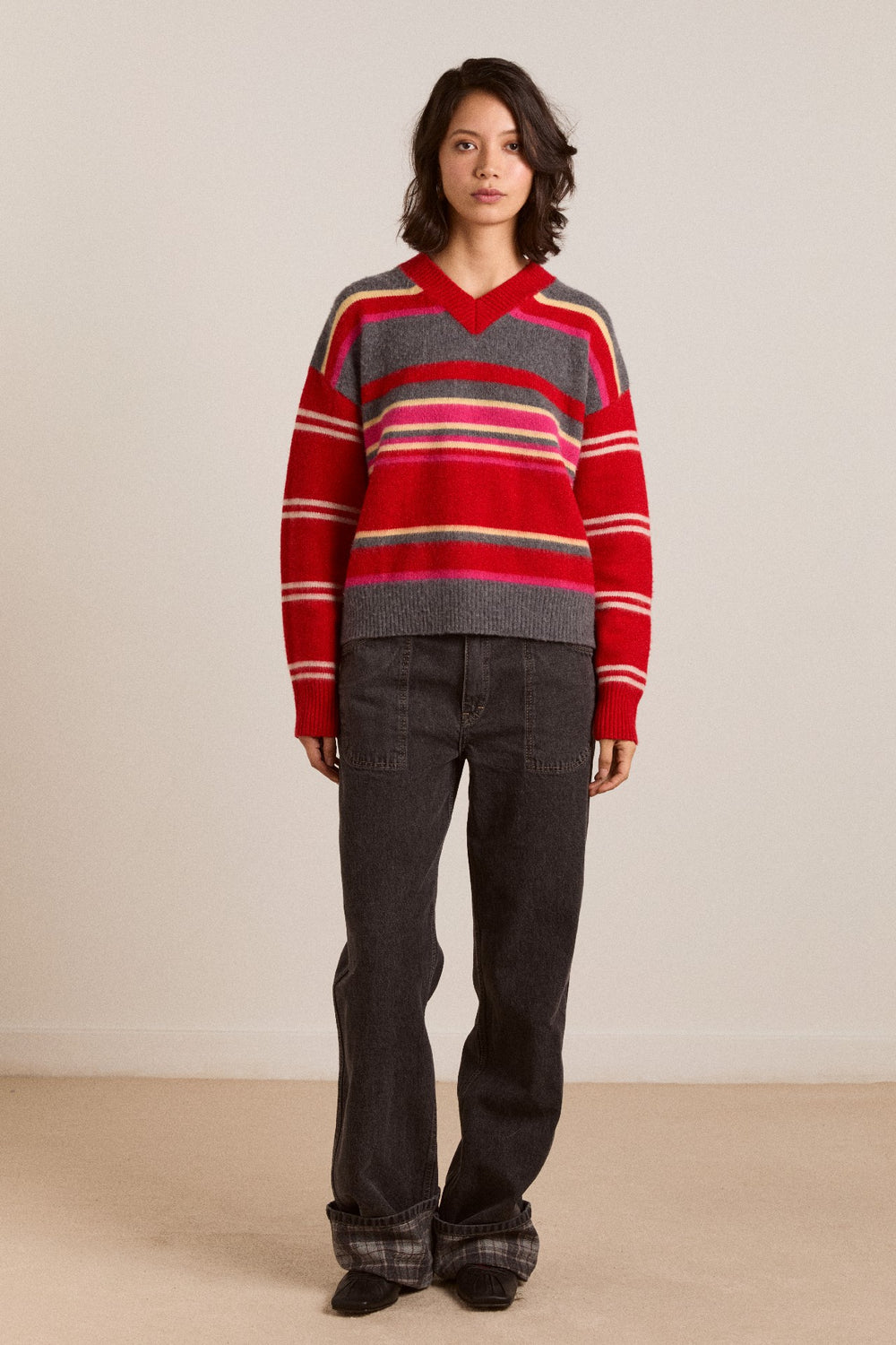 Damson Madder rene merino wool v jumper pink/red stripe