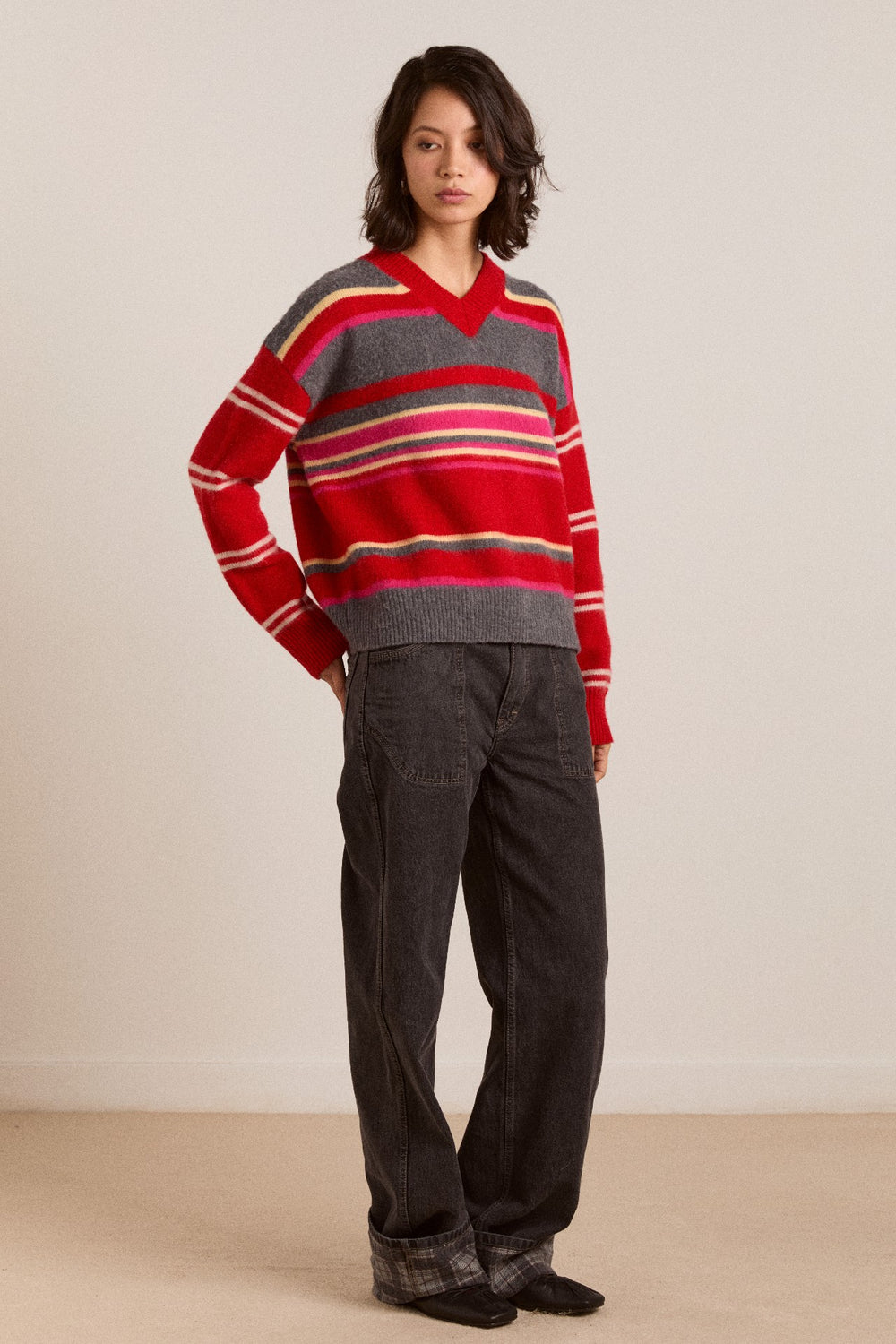 Damson Madder rene merino wool v jumper pink/red stripe