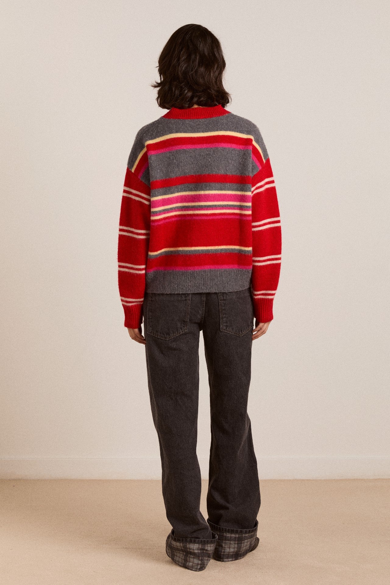 Damson Madder rene merino wool v jumper pink/red stripe