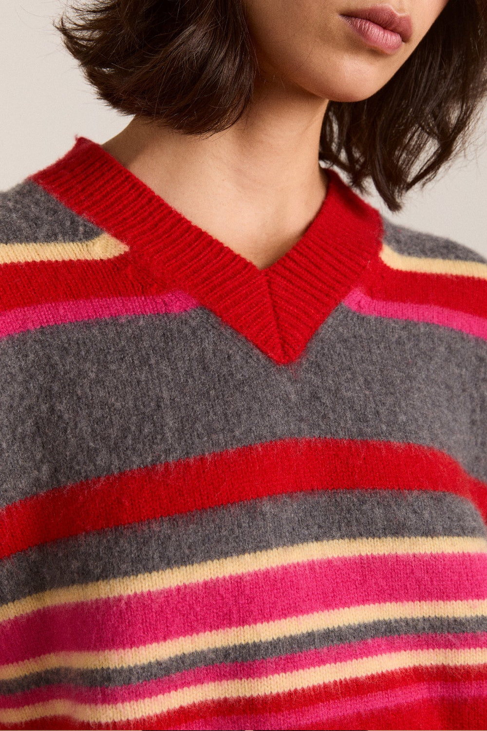 Damson Madder rene merino wool v jumper pink/red stripe