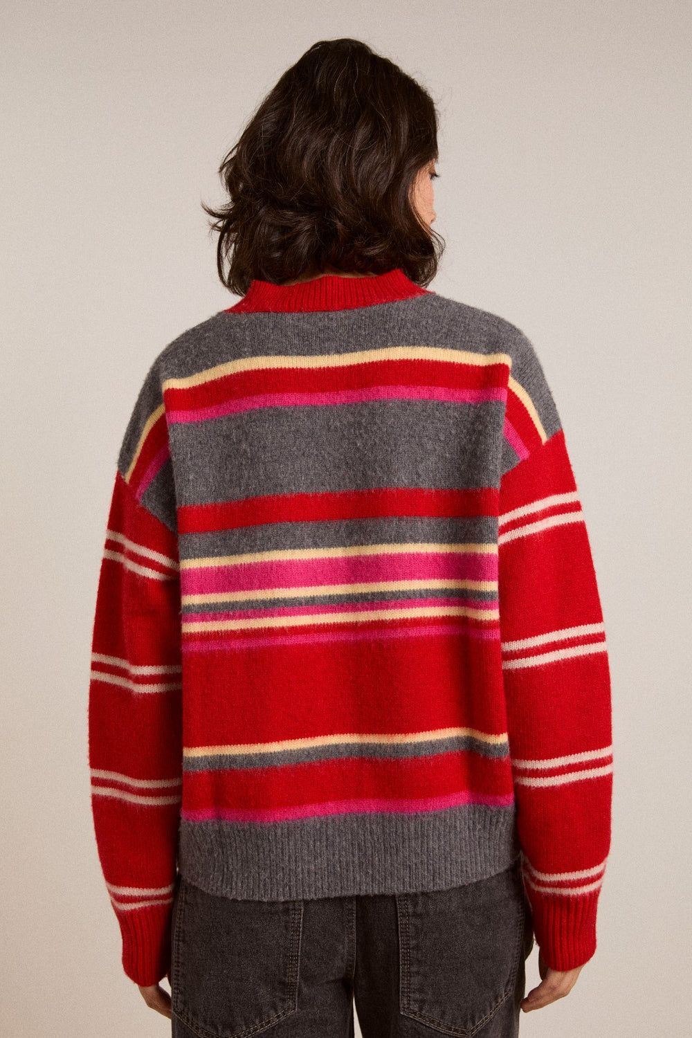 Damson Madder rene merino wool v jumper pink/red stripe