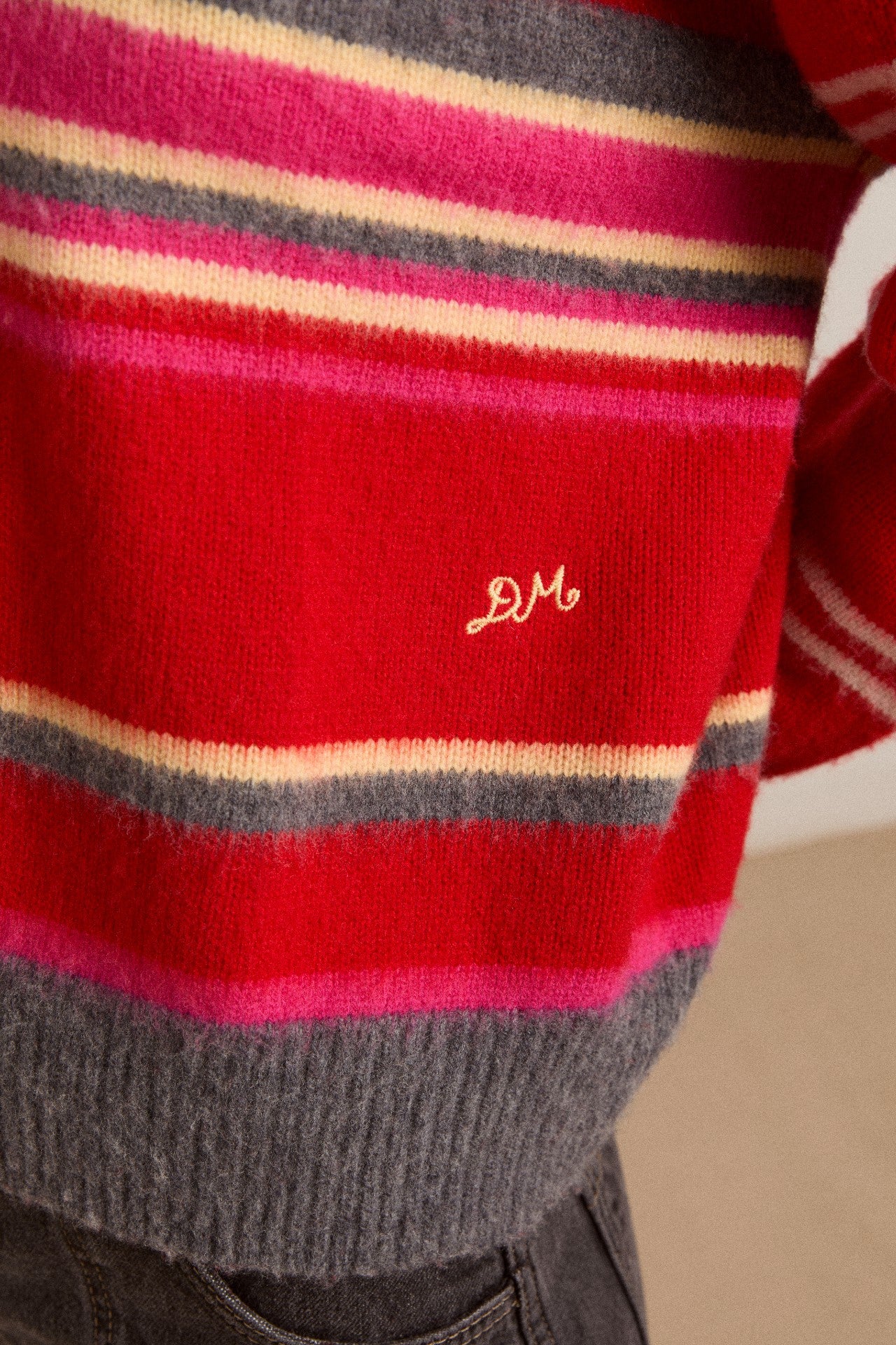 Damson Madder rene merino wool v jumper pink/red stripe