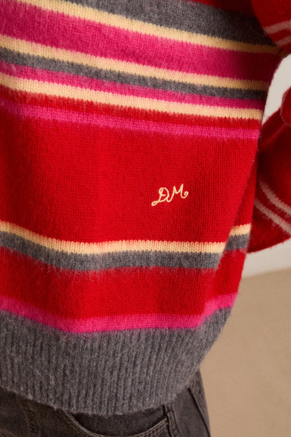 Damson Madder rene merino wool v jumper pink/red stripe