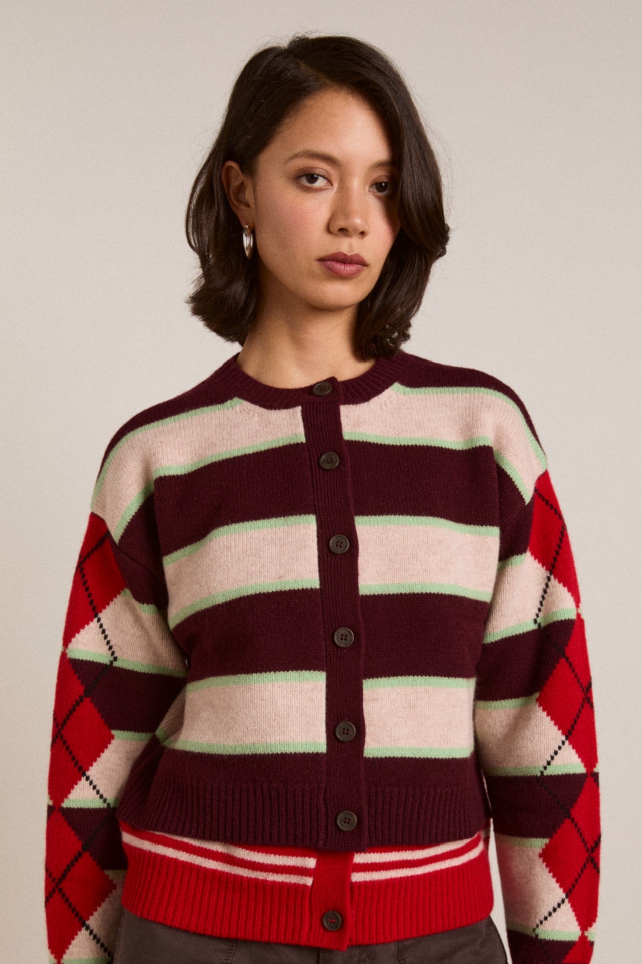 Damson Madder didi merino wool double cardigan - burg argyle & stripe