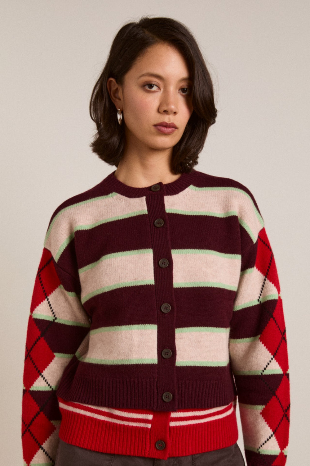 Damson Madder didi merino wool double cardigan - burg argyle & stripe