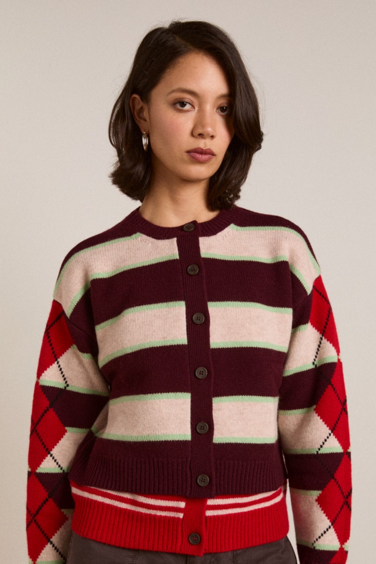 Damson Madder didi merino wool double cardigan - burg argyle & stripe