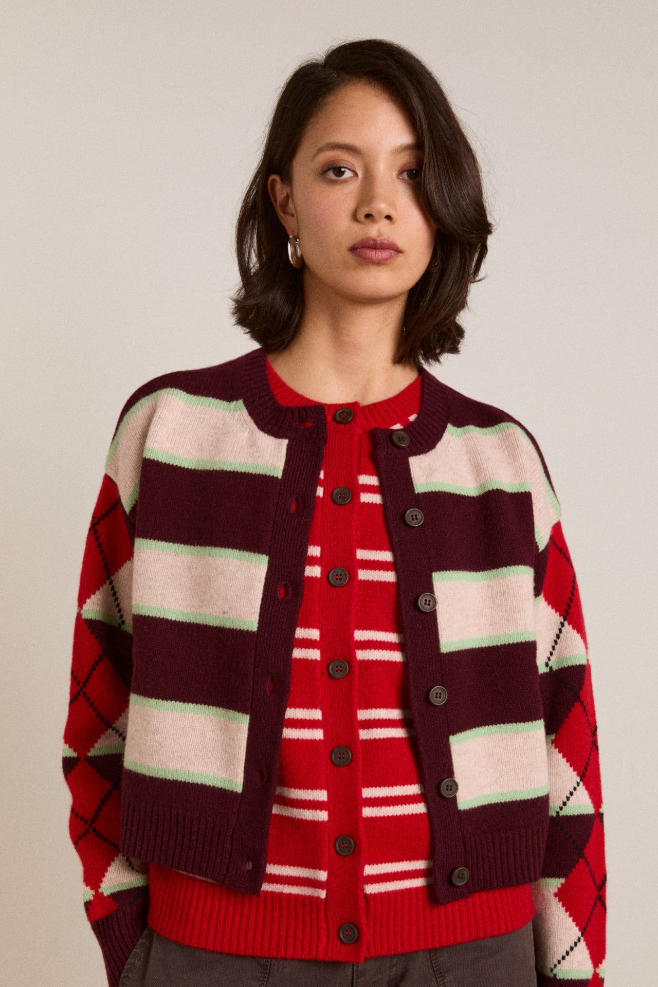 Damson Madder didi merino wool double cardigan - burg argyle & stripe