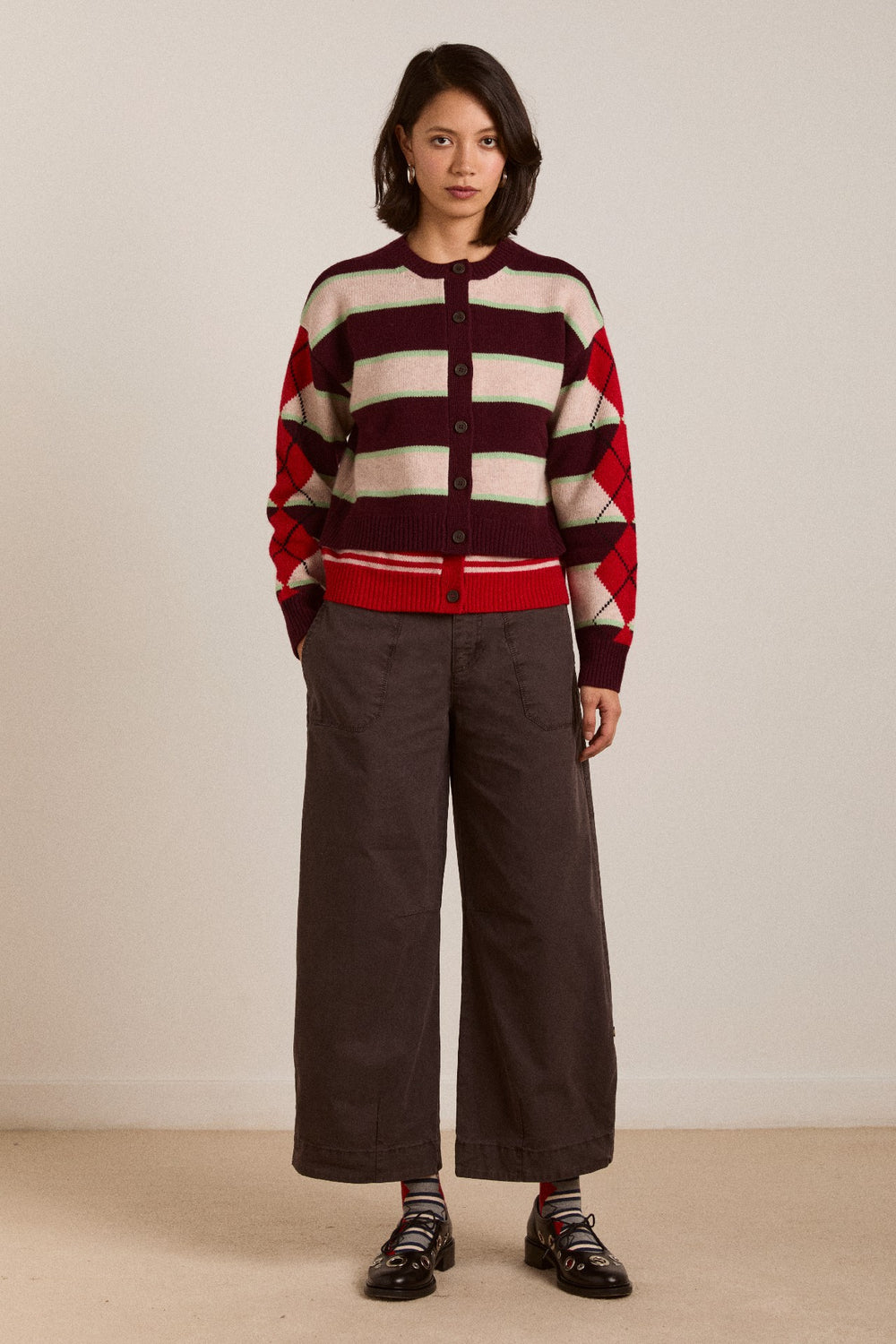Damson Madder didi merino wool double cardigan - burg argyle & stripe