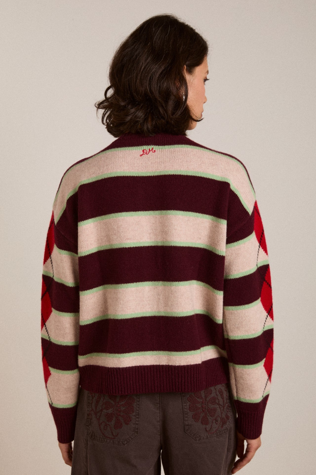 Damson Madder didi merino wool double cardigan - burg argyle & stripe