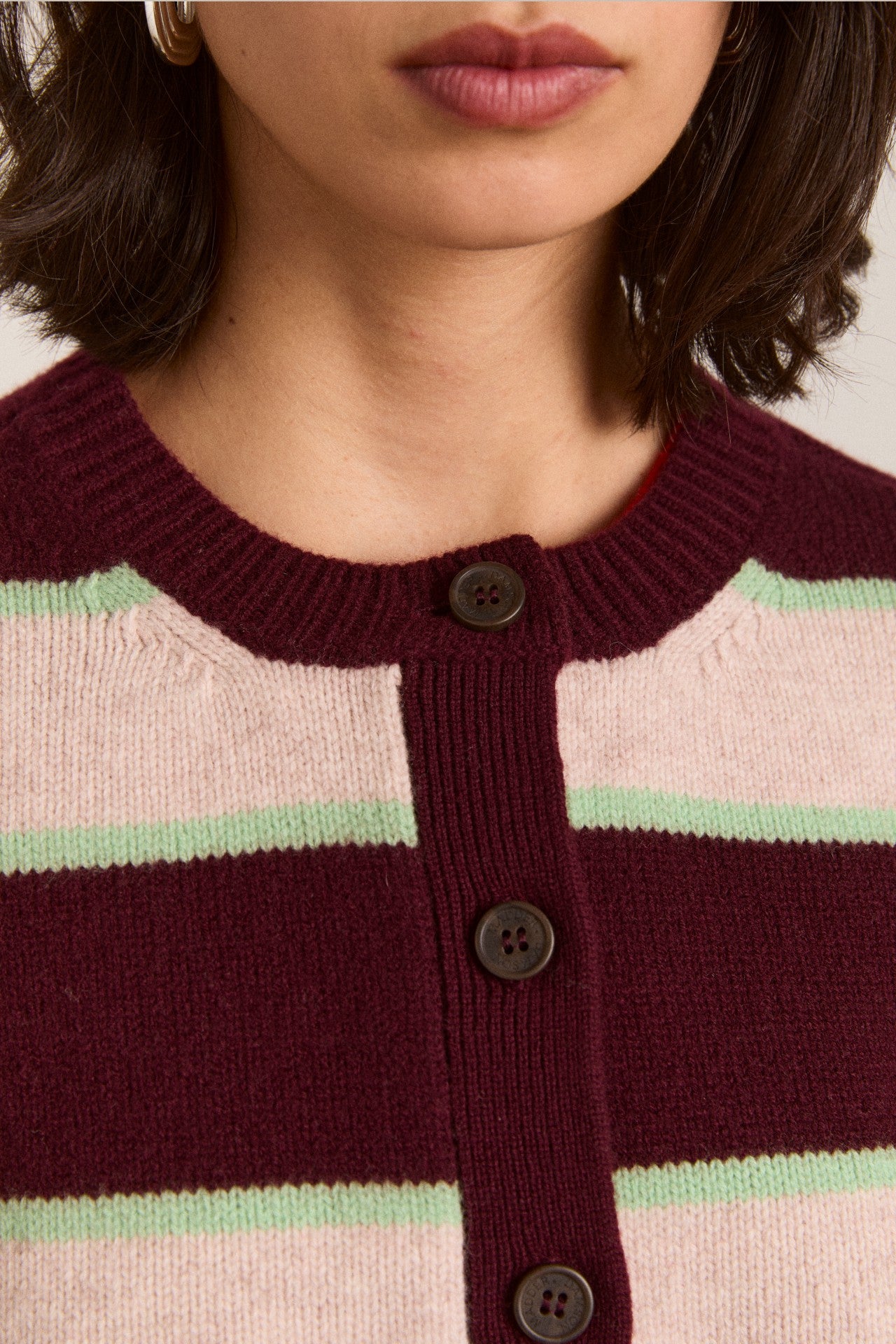 Damson Madder didi merino wool double cardigan - burg argyle & stripe