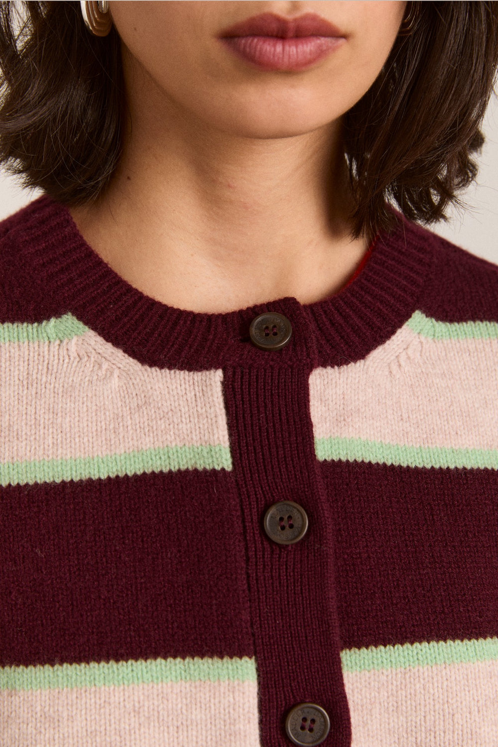 Damson Madder didi merino wool double cardigan - burg argyle & stripe